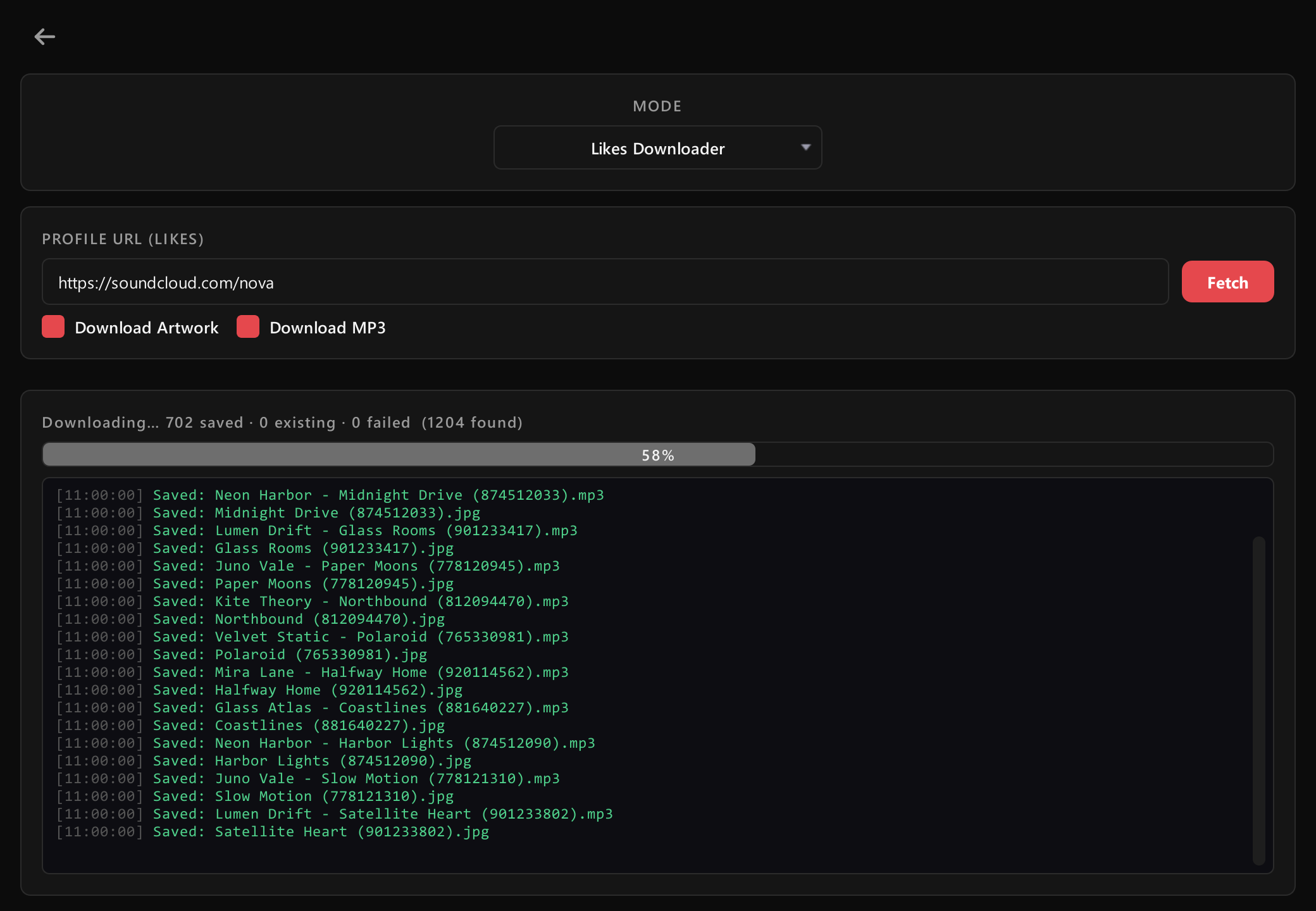 A Likes download in progress at 58%, with a log of saved files