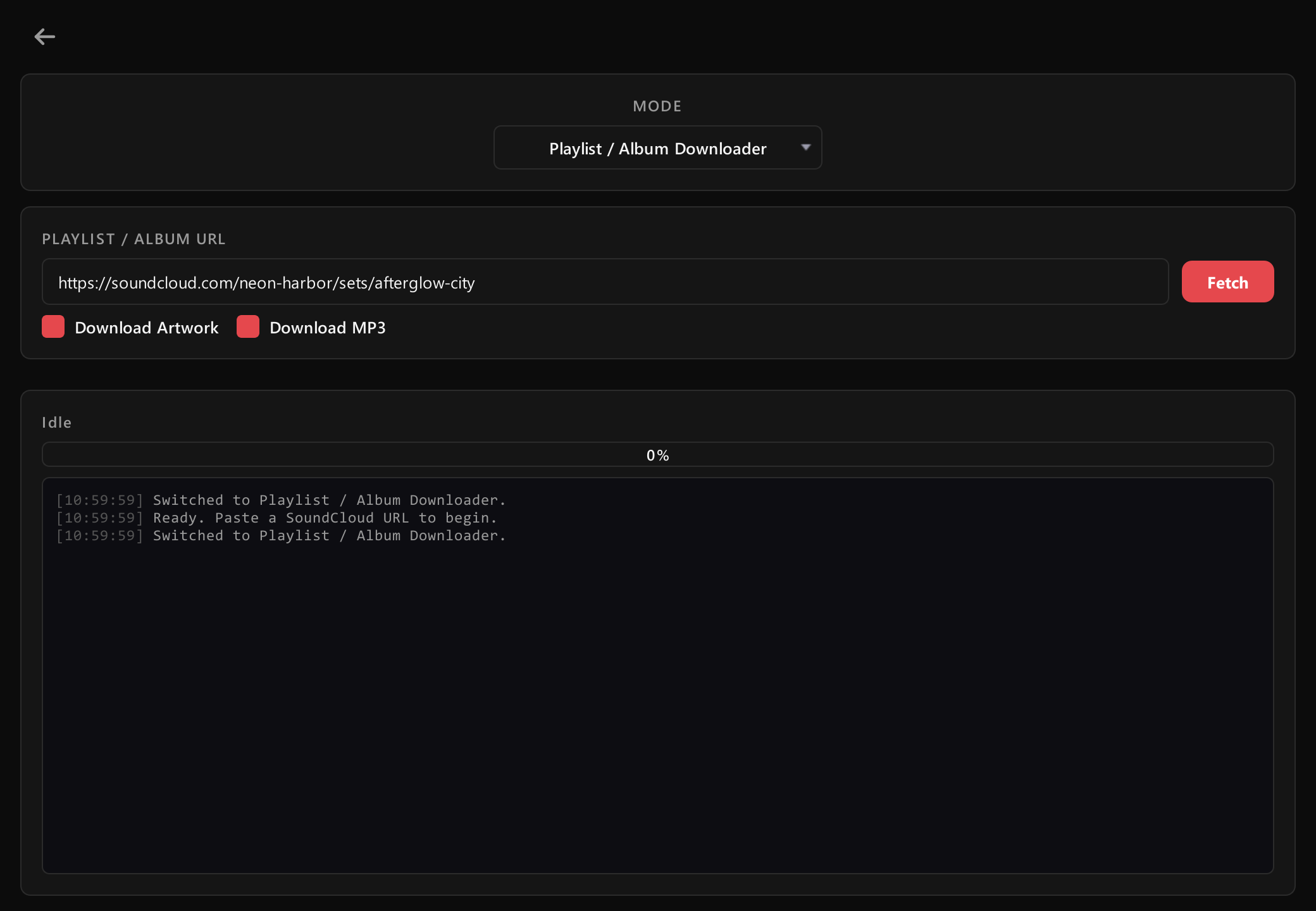 The Downloader in Playlist / Album mode with Download Artwork and Download MP3 ticked
