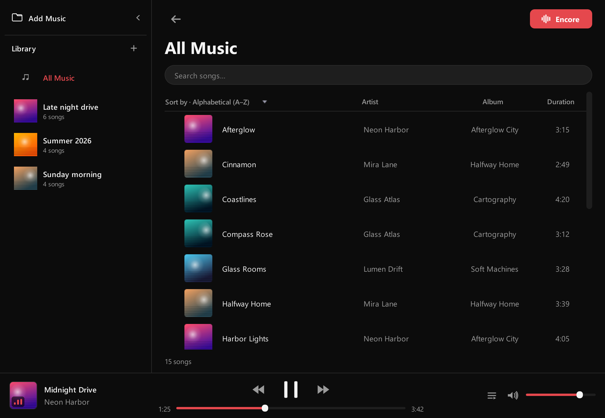 The Music Library: songs with cover art, playlists in the sidebar, and the player bar